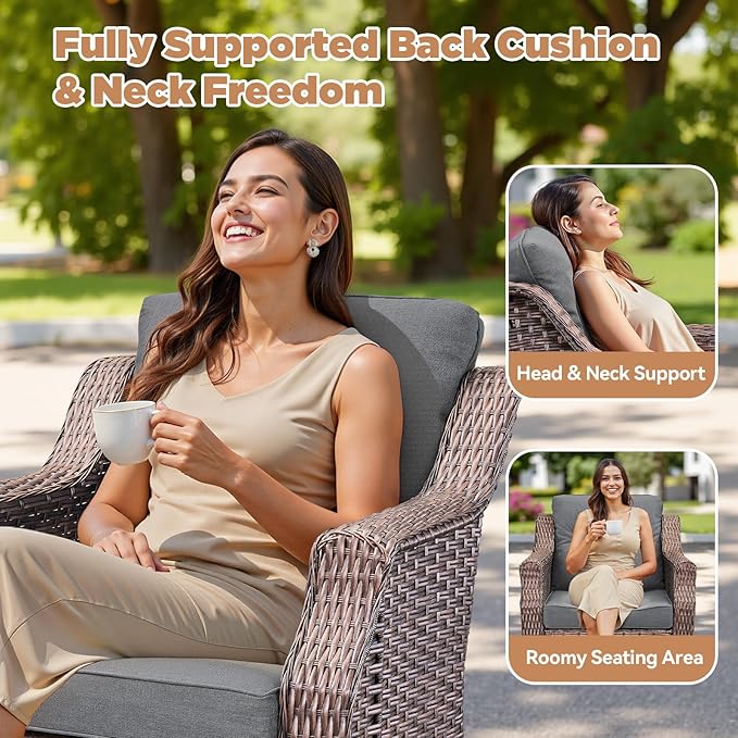 Patio Wicker Chairs Swivel Rocker-Outdoor Swivel Rocker Chair Set of 2 with All Weather Wicker Glider Rocker Set, PE Rattan Swivel Rocking Chair with Side Table for Yard Balcony Deck Porch Brown/Grey