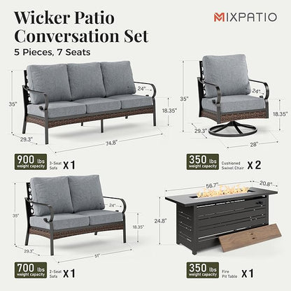 Patio Furniture Set with Firepit Table, Black Frame Outdoor Conversation Set with 2 x Swivel Chairs, 1 x 2-Seat Sofa, 1 x 3-Seat Sofa for Lawn Garden Backyard, Grey