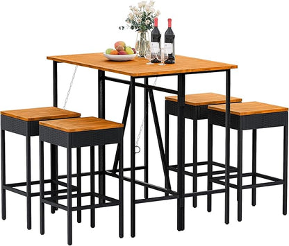Devoko Patio Bar Set 5 Pieces Acacia Wood Patio High Top Bar Table and Stools Chairs Set Foldable Outdoor Bar Stools Set of 2 for Garden, Balcony