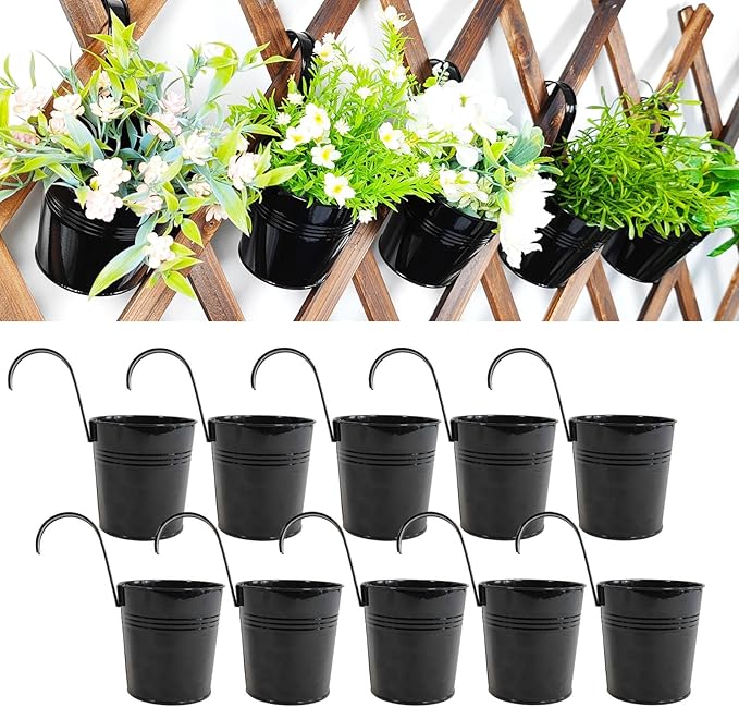 Pack of 10 Railing Planter, Hanging Planter Pot Metal 4 inch for Outdoor Indoor, Railing Fence Flower Pot with Detachable Hook for Small Plants Balcony Patio Garden, Black