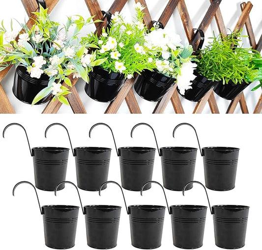 Pack of 10 Railing Planter, Hanging Planter Pot Metal 4 inch for Outdoor Indoor, Railing Fence Flower Pot with Detachable Hook for Small Plants Balcony Patio Garden, Black