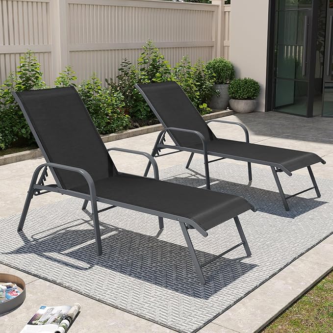 Crestlive Products Lounge Chair Outdoor with Armrests, Pool Lounge Chairs Set of 2, Aluminum Adjustable 5 Positions Tanning Chairs for Outside, Patio, Poolside, Yard, Deck, Backyard (Black)