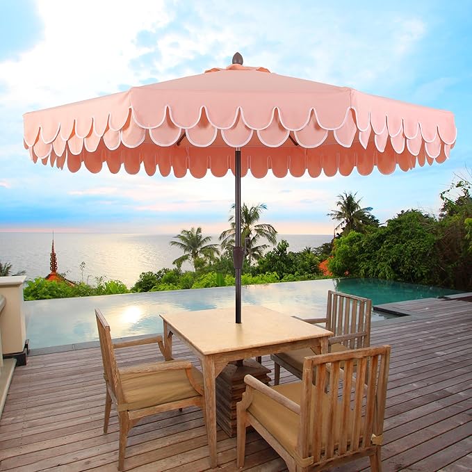 JONATHAN Y UMB1002E Tracy 9 ft. Classic MidCentury Scalloped Fringe Market Patio Umbrella with Auto-Tilt, Crank, Wind Vent and UV Protection in Coral Pink/White