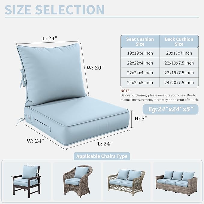 Premium Outdoor Seat Cushion Chair Cushions for Patio Furniture 24 L X 24 W X 5 H Waterproof & Fade Resistant Deep Seat and Backrest Cushion Set with Removable Covers for Chair, Sofa