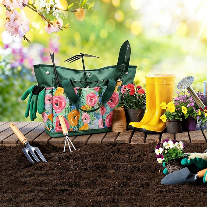 Waterproof Garden Tool Bag, 600D Oxford Portable Gardening Tote with Handle & Multi Pockets, Ideal Gifts for Parents Women (Green, Tools Not Included)