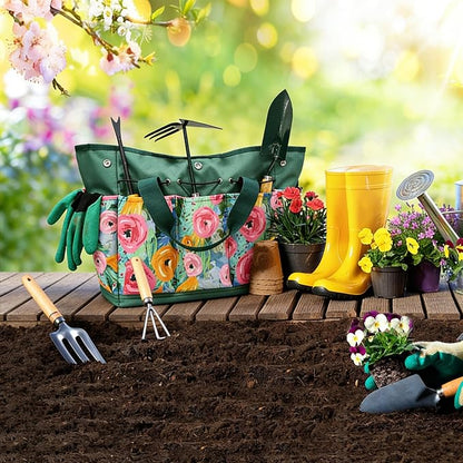 Waterproof Garden Tool Bag, 600D Oxford Portable Gardening Tote with Handle & Multi Pockets, Ideal Gifts for Parents Women (Green, Tools Not Included)