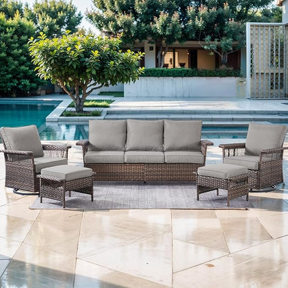 Patio Furniture Set 2 Wicker Swivel Glider Chairs 2 PE Rattan Ottomans with Patio PE Rattan Sofa Brown Wicker Grey Cushions Patio Conversation Set 5pcs for Garden Balcony Backyard