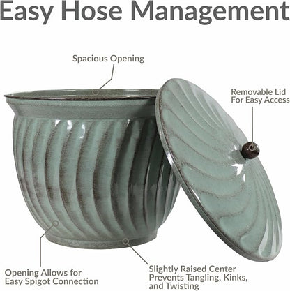 Sunnydaze Metal Garden Hose Holder Pot with Lid - UV-Resistant 145-Foot Garden Hose Pot for Outside - Sage Glaze Finish
