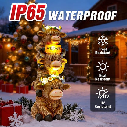 Christmas Highland Cow Statue Solar Outdoor Decor with Flower Decoration Garden Highland Cow Decor Birthday Gifts for Women Mom Winter Highland Cows Figurine for Yard Garden Lawn Decor