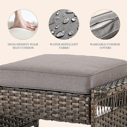 Patio Furniture Set 2 Wicker Swivel Glider Chairs 2 PE Rattan Chairs and 2 Ottomans with Grey Cushions Patio PE Rattan Side Table Brown Wicker Patio Conversation Set 7pcs for Patio