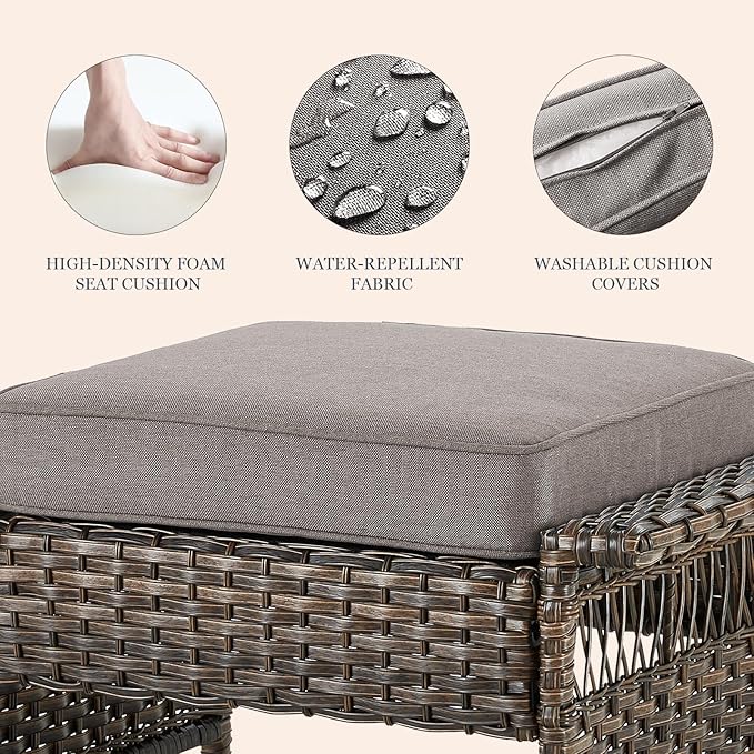 Patio Furniture Set 2 Wicker Patio Chairs with 2 PE Rattan Ottomans Brown Wicker Grey Cushions Patio Conversation Set 4pcs for Garden Balcony Sunroom Backyard Poolside