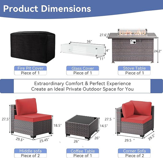 9 Pieces Outdoor Patio Furniture Set with 43" 55000BTU Gas Propane Fire Pit Table & Swivel Rocking Chairs, PE Wicker Rattan Outdoor Sectional Patio Set, Outdoor Patio Conversation Set, Red