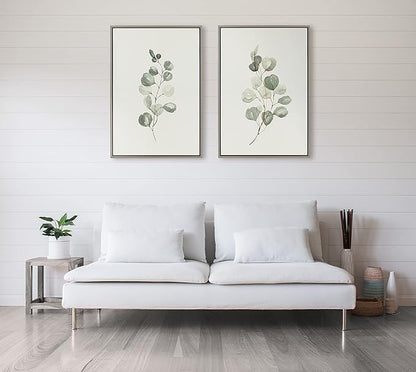 Kate and Laurel Sylvie Eucalyptus 4a & Eucalyptus 4b Framed Canvas Wall Art Set by Maja Mitrovic of Makes My Day Happy; 2 Piece 23x33 Gray; Simple Plant Art Set Wall Décor