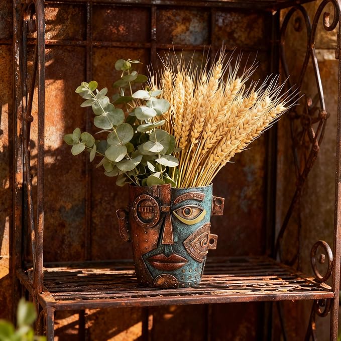 Abstract Face Planter Pot, Hand-Painted Resin Flower Pot with Top Opening for Planting, Decorative Planter for Indoor Plants, Art Accent Flowerpot Decor