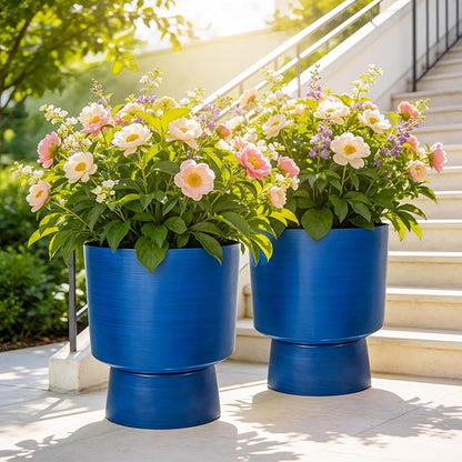 16.8" 2-Pack Urn Planters for Outdoor Indoor Plants, Modern 2-in-1 Large Flower Pots with Detachable Base, Drainage Holes, Weather-Resistant for Garden Patio Home Office Decor, Brushed Blue