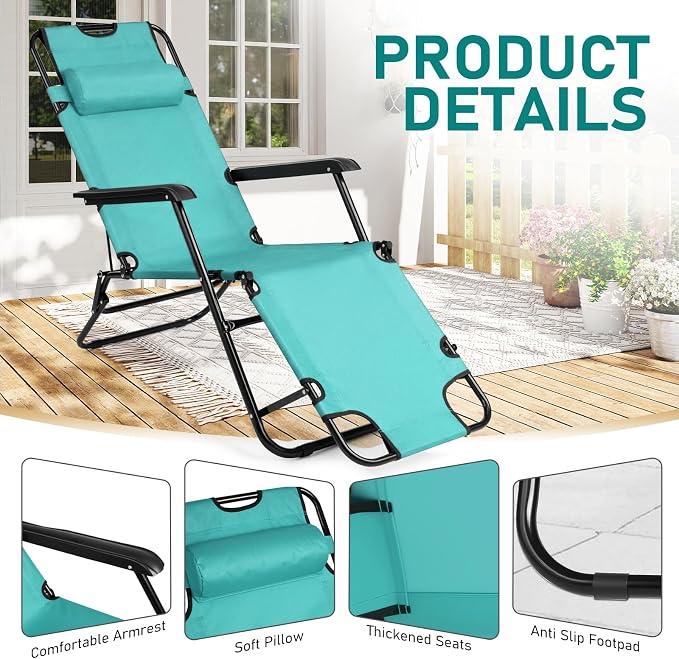 Outvita Folding Chaise Lounge Chair, Outdoor Adjustable Recliner Chair with Pillow for Camping, Beach, Poolside, Garden, Backyard, Lawn
