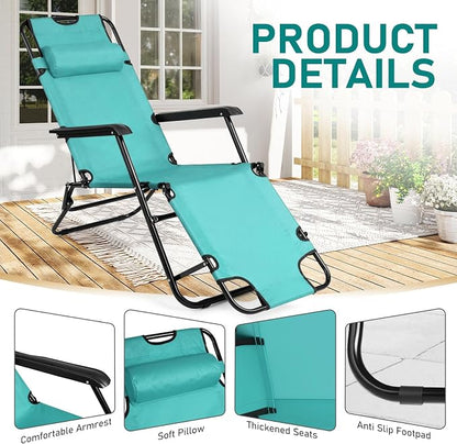 Outvita Folding Chaise Lounge Chair, Outdoor Adjustable Recliner Chair with Pillow for Camping, Beach, Poolside, Garden, Backyard, Lawn