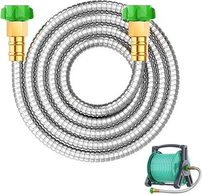 Short Metal Garden Hose 5 ft with Female to Female Connector， Stainless Steel Small Leader Hose for Hose Reel, Long, Flexible, Lightweight & Heavy Duty Water Pipe, Outdoor Water Hose Extension Adapter
