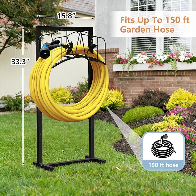 Skypatio Outdoor Garden Hose Holder, Heavy Duty Metal Water Hose Holder Holds 150ft Hoses Freestanding Hose Storage Stand with 4 Stakes, Rust-Resistant Hose Hanger for Outside