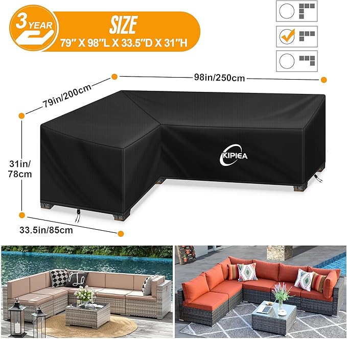 Kipiea Patio L-Shaped Furniture Sectional Sofa Covers, 420D Heavy-Duty Oxford Fabric Outdoor Sectional Cover with Windproof, Anti UV, No Tears, No Fading ( Left Facing 79"x98"L x 33.5"D x 31"H)