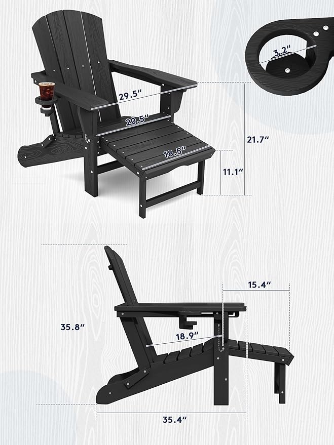 KINGYES Folding Adjustable Adirondack Chair with Retractable Ottoman Set of 6, HDPE All Weather Chair with Cup Holder - Versatile Adirondack Chair, Black