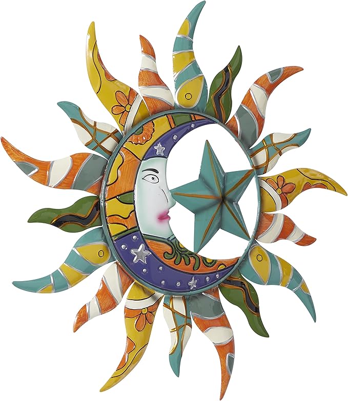 Deco 79 Metal Sun and Moon Indoor Outdoor Abstract Patterned Wall Decor with Teal and Orange Accents, 36" x 2" x 36", Multi Colored