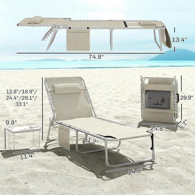 Outsunny Tanning Chair with Face Hole, Side Table, 5-Position Reclining Folding Chaise Lounge Chair Outdoor Lounger Recliner, Carry Straps for Beach Pool Camp, Breathable Mesh, Beige