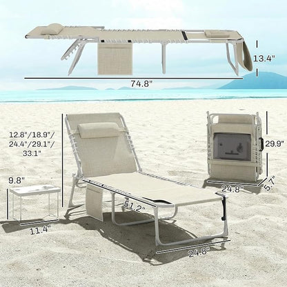 Outsunny Tanning Chair with Face Hole, Side Table, 5-Position Reclining Folding Chaise Lounge Chair Outdoor Lounger Recliner, Carry Straps for Beach Pool Camp, Breathable Mesh, Beige