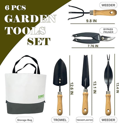 SUMIO 6-Piece Gardening Hand Tool Set – Includes Trowel, Transplanter, Cultivator, Lever Weeder, Bypass Pruner & Storage Bag – Garden Tools Kit for Planting, Weeding, and Pruning (Gray)