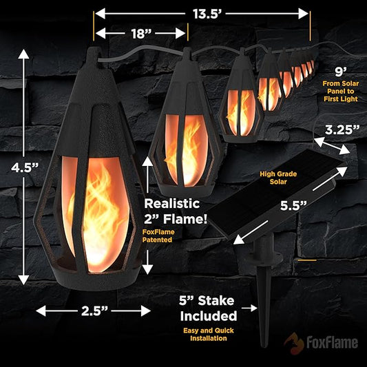 Solar String Lights Outdoor Waterproof - 10 Flickering LED Bulbs with Patented Flame Effect, 21 ft Solar-Powered Solar Hanging Lights Outdoor for Patios, Porches, Fences, Gardens & Decorative Ambiance