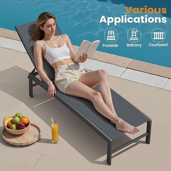 Crestlive Products Chaise Lounge Chair Outdoor Set of 2, Adjustable 5 Positions Pool Tanning Recliner, Outdoor Lounge Furniture Perfect for Patio, Beach, Yard, Pool