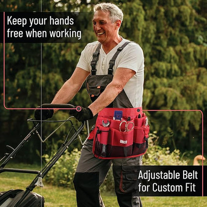 UNCO- Adjustable Gardening Belt, Red, 7 Pockets, Wear, Cut and Water Resistant, Garden Tool Belt Pouch, Waist Apron with Pockets