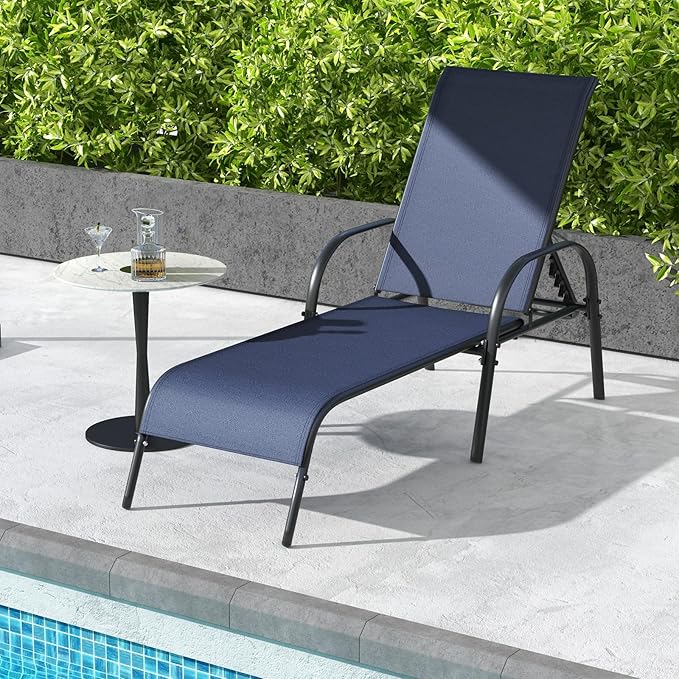 Giantex Patio Lounge Chair, Outdoor Chaise Lounge with 5 Adjustable Backrest, Sturdy Steel Frame, Sunbathing Recliner, Tanning Chair for Beach, Outside, Yard, Balcony, Pool Chairs, Navy