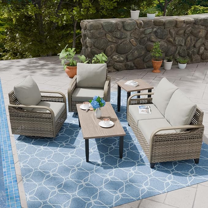 COOS BAY Modern Wicker Outdoor Furniture Set, Patio Conversation Set with Swivel Rockers, 2 Seat Loveseat, Coffee Table and Side Table, 5 Piece, Brown/Gray