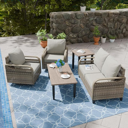 COOS BAY Modern Wicker Outdoor Furniture Set, Patio Conversation Set with Swivel Rockers, 2 Seat Loveseat, Coffee Table and Side Table, 5 Piece, Brown/Gray