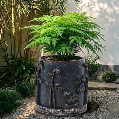 Flower Pot, 6 Inch Resin Plant Pots with Bamboo Design, Chinese Antique Style Decorative Plant Pots with Drainage for Indoor Plants Home Office Decor