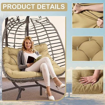 Outdoor Swing Cushions 3 Seater Waterproof, Replacement Bench Cushions for Outdoor Patio Furniture with Backrest, Porch Swing Cushion with Ties for Lawn and Garden (Beige, 40x71in)