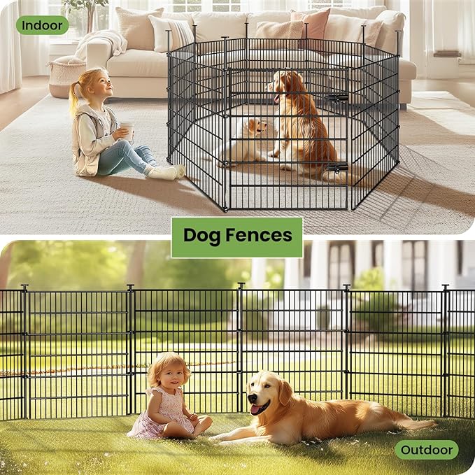 Garden Dog Fence Animal Barrier Outdoor for Yard 12 Panels with Gate 29ft(L) X 32in(H), Garden Fencing Includes Gloves, Hammer, Rustproof Metal Temporary No Dig Fence Border for Dogs