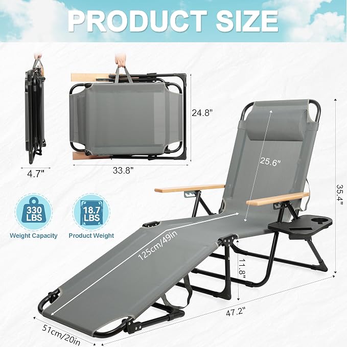 Outdoor Chaise Lounge Chair with 4-Position Adjustable Backrest, Patio Folding Sun Tanning Chair, Pillow & Cup Holder, Portable Recliner Sunbathing Lounger Chairs for Pool Beach Lawn Garden (Grey)