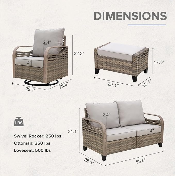 COOS BAY Modern Wicker Outdoor Furniture Set, Patio Conversation Set with Swivel Rockers, 2 Seat Loveseat, and Ottomans, 5 Piece, Brown/Gray