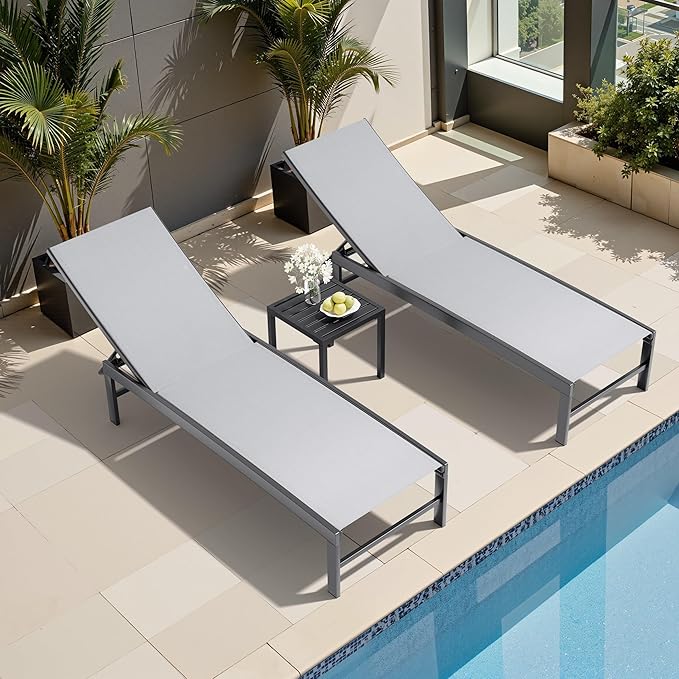 Crestlive Products 2PCS Chaise Lounge Chair Outdoor with 1PC Side Table, Adjustable 5 Positions Pool Tanning Recliner, Outdoor Lounge Furniture Perfect for Patio, Beach, Yard, Pool