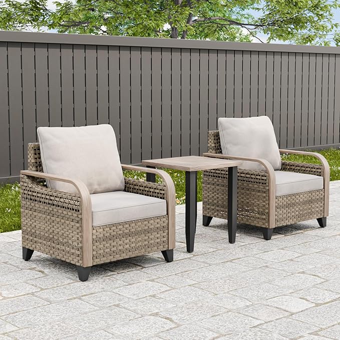 Modern Wicker Bistro Table and Chairs Set, Rattan Outdoor Bistro Set for Patio, Wicker Patio Chairs & Table, 3 Pieces, Brown/Gray