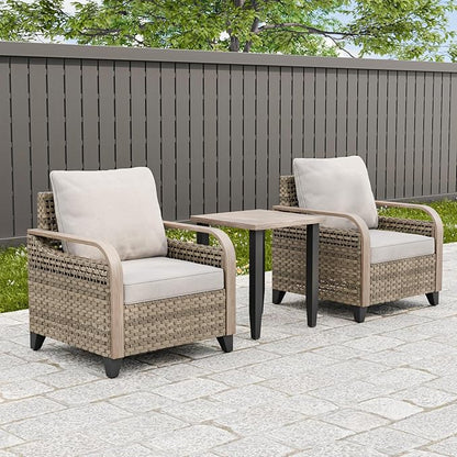 Modern Wicker Bistro Table and Chairs Set, Rattan Outdoor Bistro Set for Patio, Wicker Patio Chairs & Table, 3 Pieces, Brown/Gray