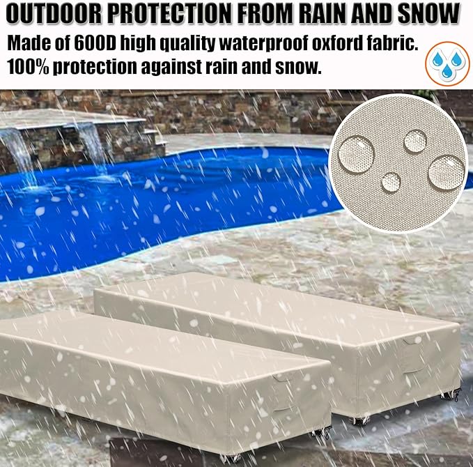 Outdoor Chaise Lounge Cover 2 Pack Patio Lounge Chair Covers Waterproof 600D Weather Resistant Material, UV Protection, Windproof Design Outside Furniture Covers 80" x 28" x 14" H,Beige
