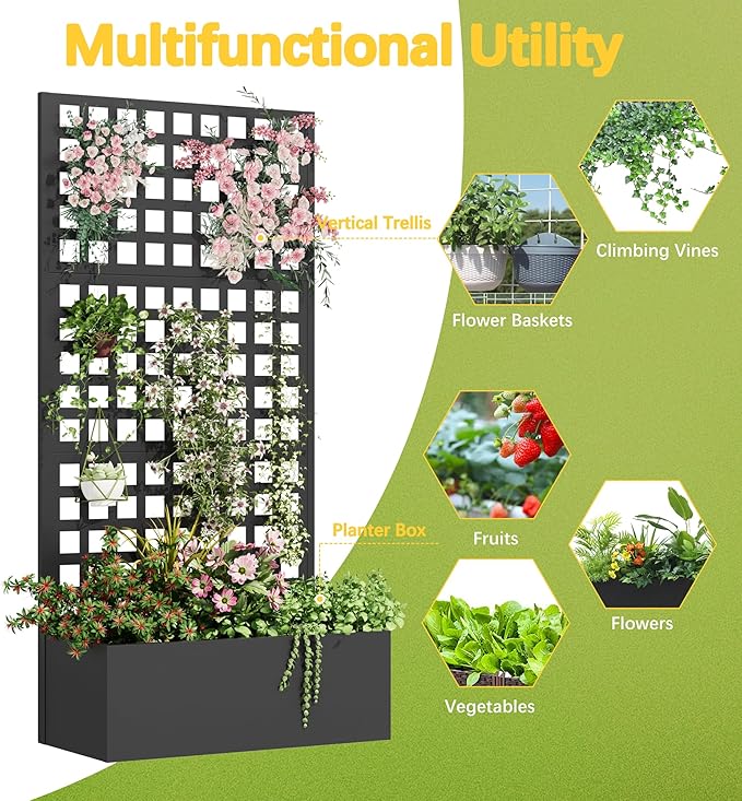 Metal Planter Box with Trellis, 71"x 35"x 16" Raised Garden Bed with Trellis, Planter Box Trellis with Privacy Screen and Drainage Holes, Black