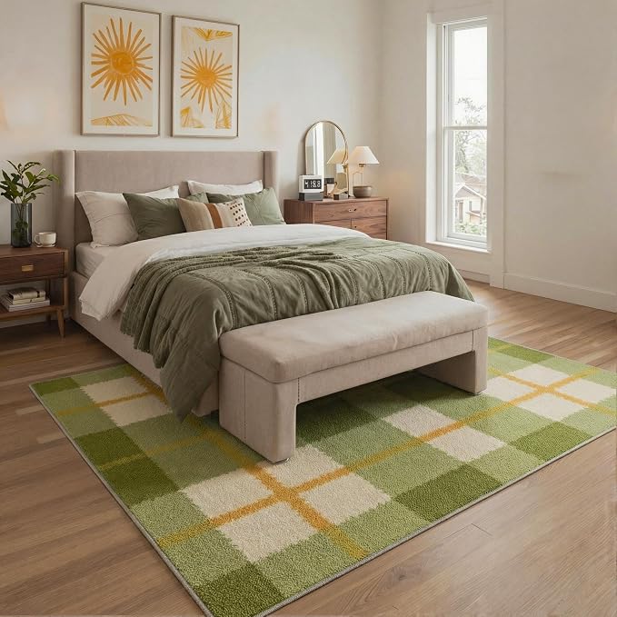 GENIMO Outdoor & Indoor Area Rug 5'x7', Waterproof, Non-Shedding, Easy Cleaning, Plaid Pattern Mat for Patio, Entryway, Porch, Living Room, Bedroom, Outside Carpet, Sage Green