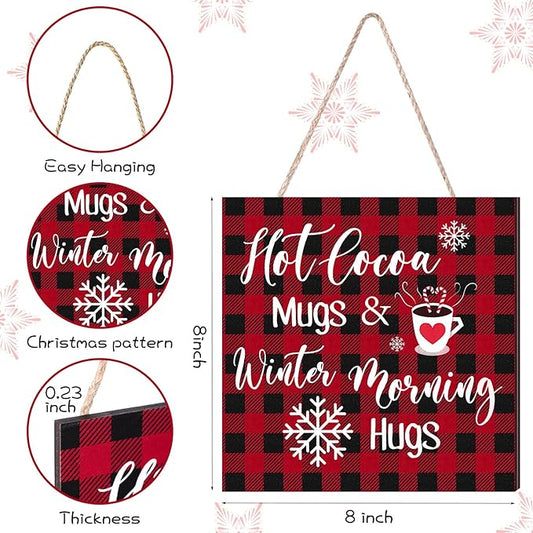 Blulu Christmas Hanging Wooden Sign Christmas Coffee Bar Decor Wood Candy Cane Hot Cocoa Sign Door Hanging Plaque for Xmas Winter Holiday Kitchen Home Wall Decoration(Plaid)
