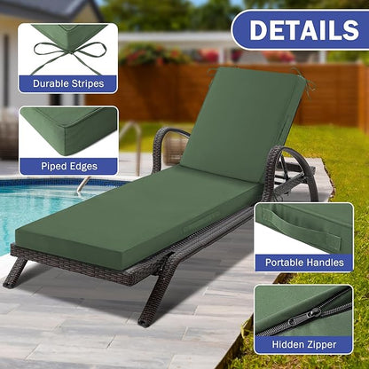 Chaise Lounge Cushions Outdoor, Waterproof Lounge Chair Cushion, 80x 26x 3 Inch Outdoor Chair Cushions with Ties, High-Density Foam Patio Lounge Chair Pads for Lawn, Pool & Beach, Forest Green