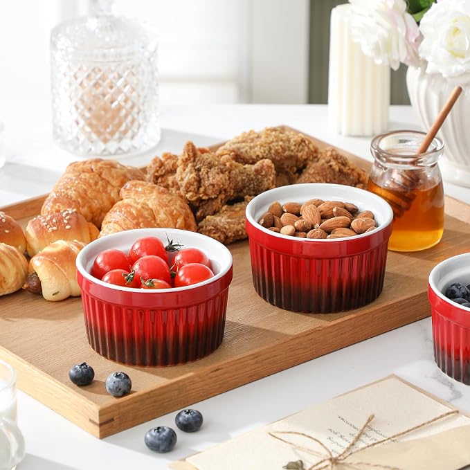 MALACASA Ramekins 8 oz Oven Safe, Large Ceramic Souffle Dishes for Baking & Serving, Stoneware Custard Cups Ramekin for Creme Brulee, Baking Bowls Set of 6, Red, Series RAMEKIN-DISH