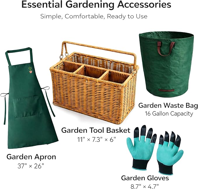 All-in-One Garden Tool Set with Basket, Stainless Steel Garden Tools with Wooden Handles, Garden Apron/Garden Waste Bags/Gardening Gloves Gardening Gift Set